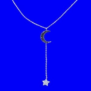 Moon and Star Sterling Silver Black Clear Crystal Pendant Necklace